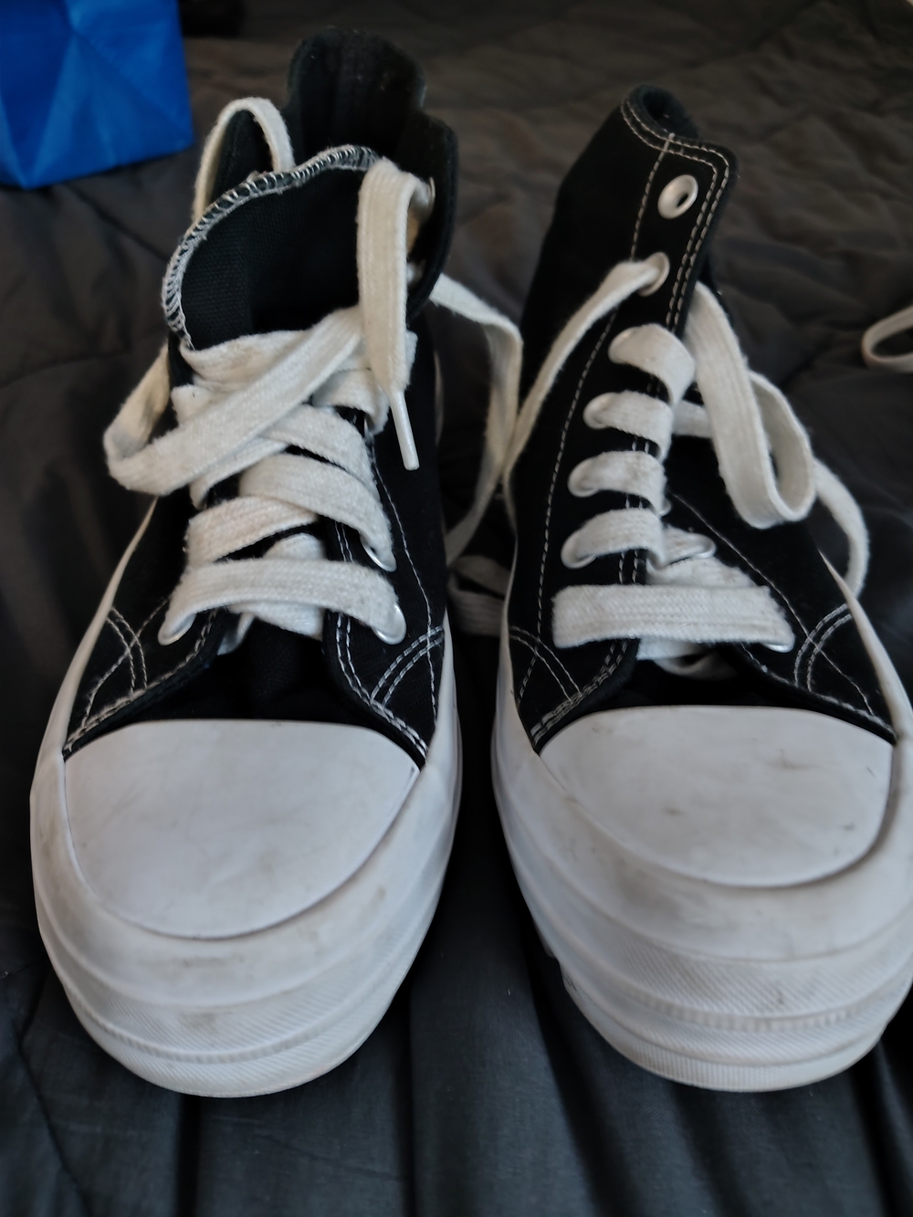 Black Canvas High-Top Sneakers with White Soles and Laces- No-Bo